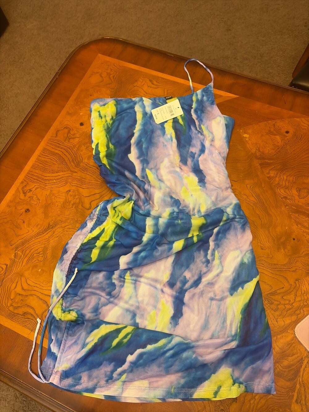 Windsor Blue and Lime Tie Dye Ruched Mesh Mini Dress